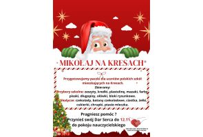 Plakat akcji „Mikołaj na Kresach” informujący o zbiórce przyborów szkolnych i słodyczy dla uczniów polskich szkół na Kresach.