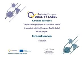 Europejska Odznaka Jakości eTwinning dla Karoliny Witoszek za projekt GreenHeroes.