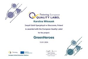 Europejska Odznaka Jakości eTwinning dla Karoliny Witoszek za projekt GreenHeroes.