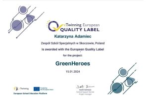 Europejska Odznaka Jakości eTwinning dla Katarzyny Adamiec za projekt GreenHeroes