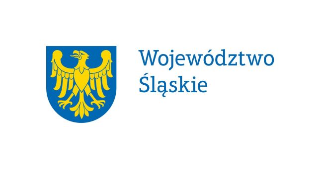 Herb województwa śląskiego – złoty orzeł na niebieskim tle oraz napis „Województwo Śląskie”.